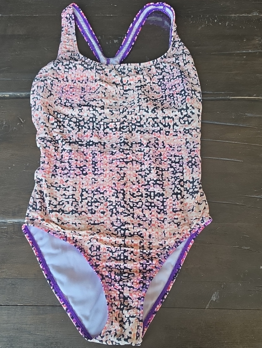(10)Speedo Pink Purple Black Patterned One-Piece Swimsuiy Vacation Swim Summer